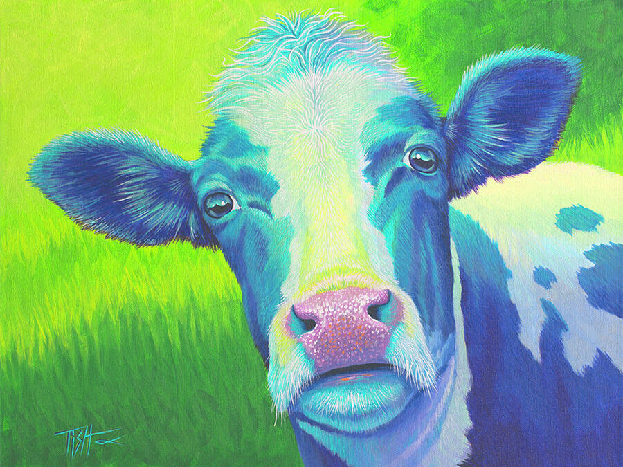 Moo Now Blue Cow Painting by Tish Wynne