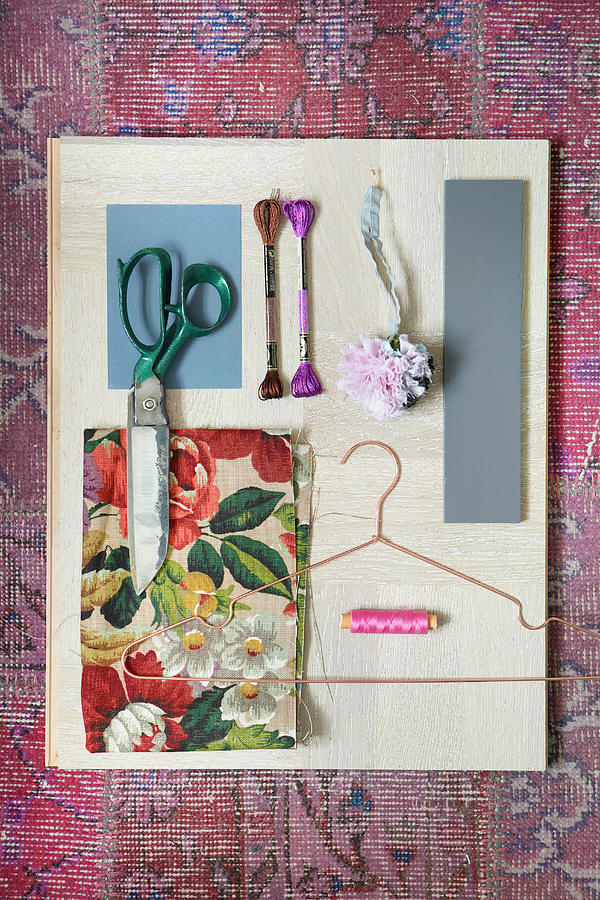 Mood Board Of Floral Fabric And Wooden Sewing Utensils Photograph by Bjarni B. Jacobsen
