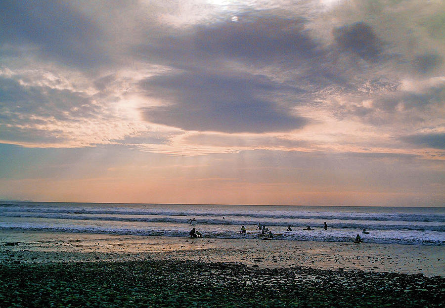 Moody Autumnal Sky Over Surfers At Crooklets Bude Cornwall Photograph by Richard Brookes