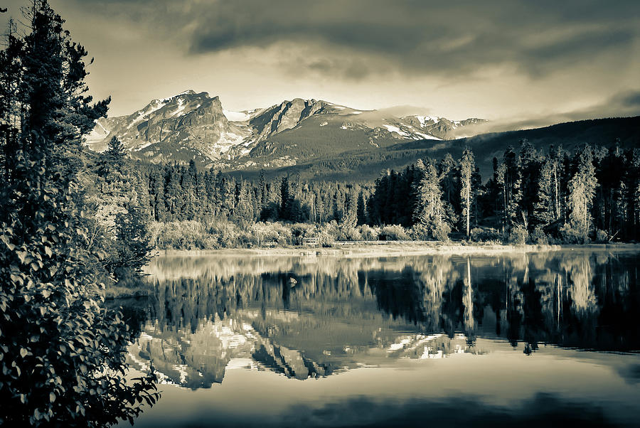 Moody Rocky Mountain Landscape at Sprague Lake - RMNP Sepia Photograph by Gregory Ballos