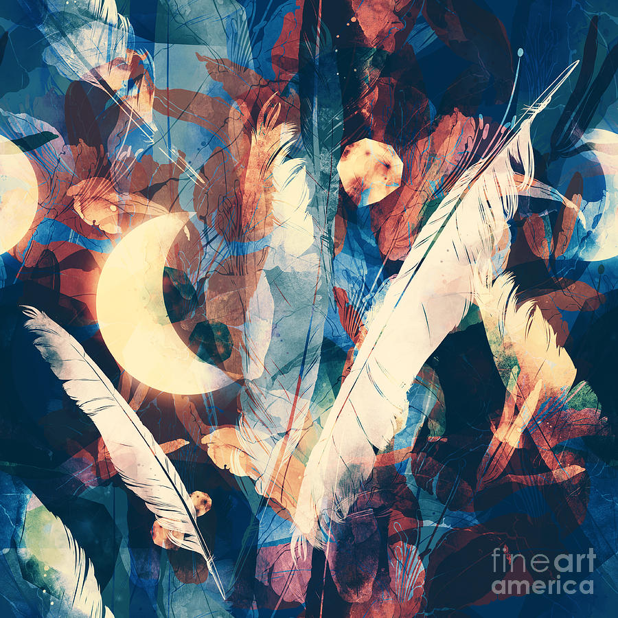 Gift Digital Art - Moon Bird Feathers Flowers by Liia Chevnenko Gift Digital Art - Moon Bird Feathers Flowers by Liia Chevnenko