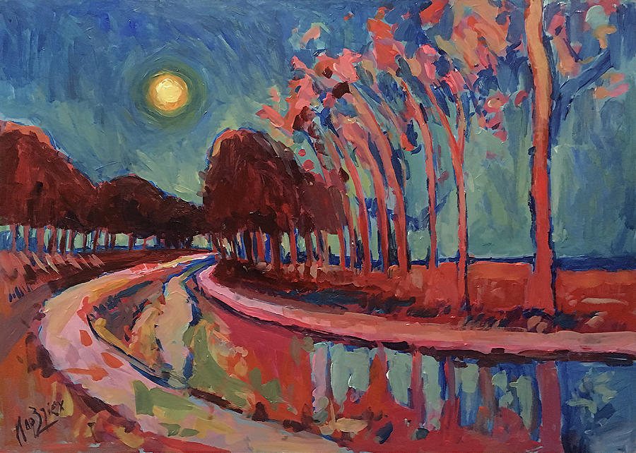 Tree Painting - Moon Night at the canal by Nop Briex