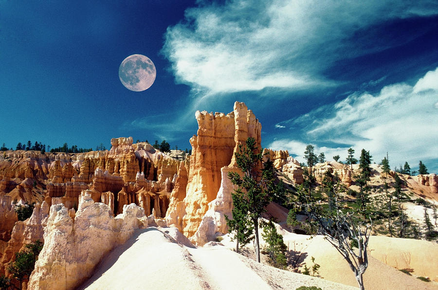 Moon Over An Arid Landscape, Bryce Photograph by Medioimages/photodisc