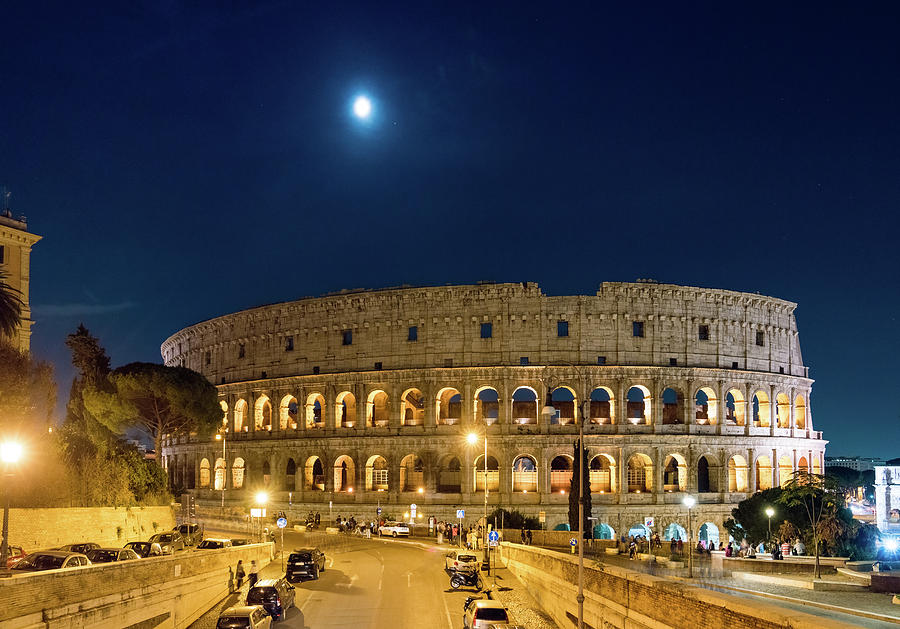 Moon Over Colosseum In Rome Photograph