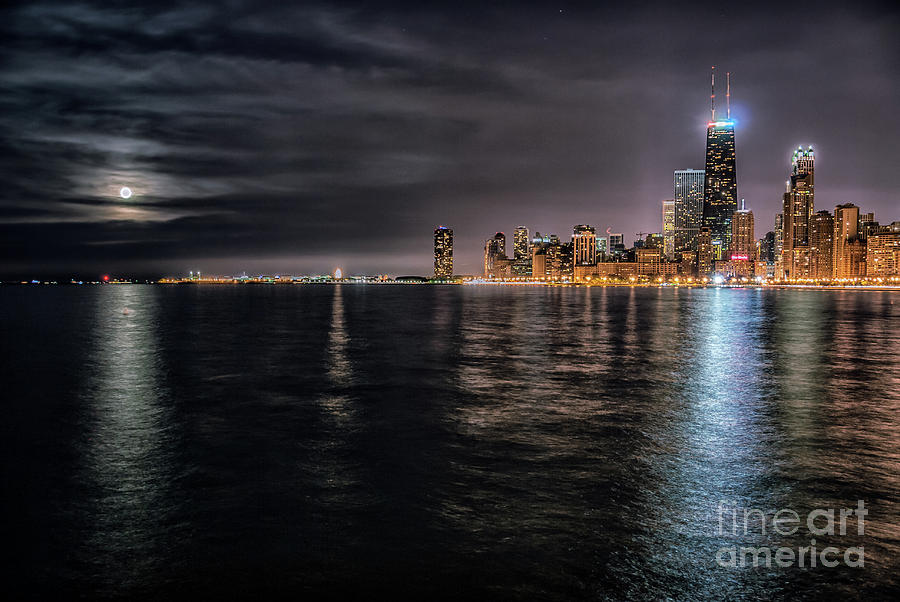 Chicago Photograph - Moon over Lake Michigan by Bruno Passigatti