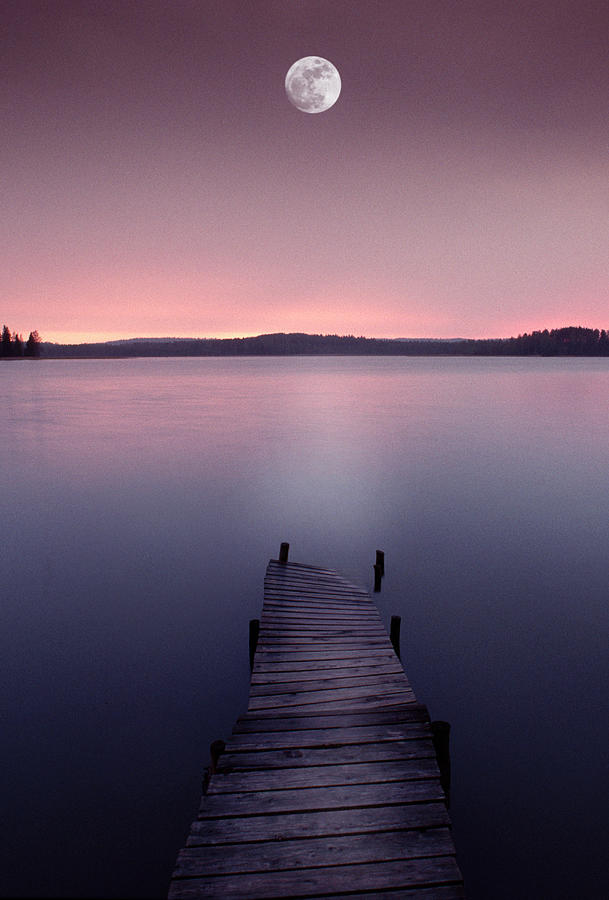 Moon Over Lake With Pier At Dusk Photograph By Grant Faint Pixels