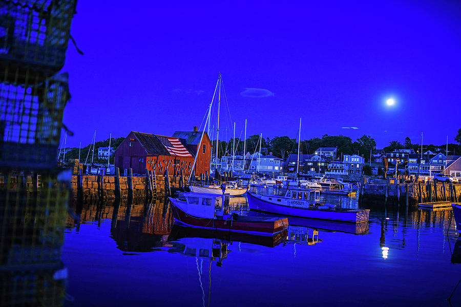 Moon over Motif #1 Rockport Massachusetts Lobster Traps Photograph by Toby McGuire
