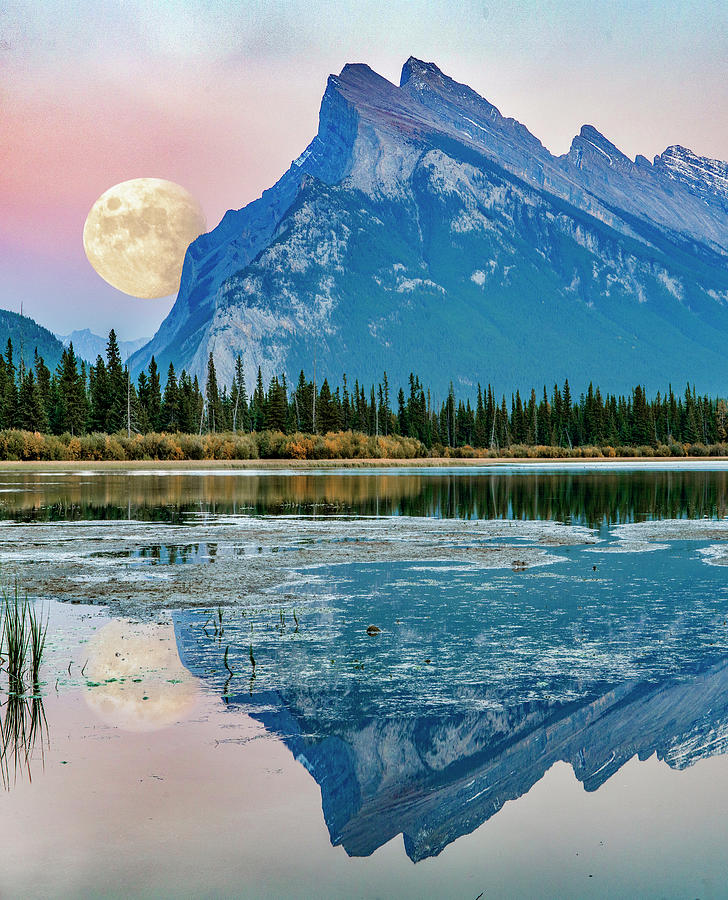 Moon Over Mt Rundle Photograph by Tim Fitzharris