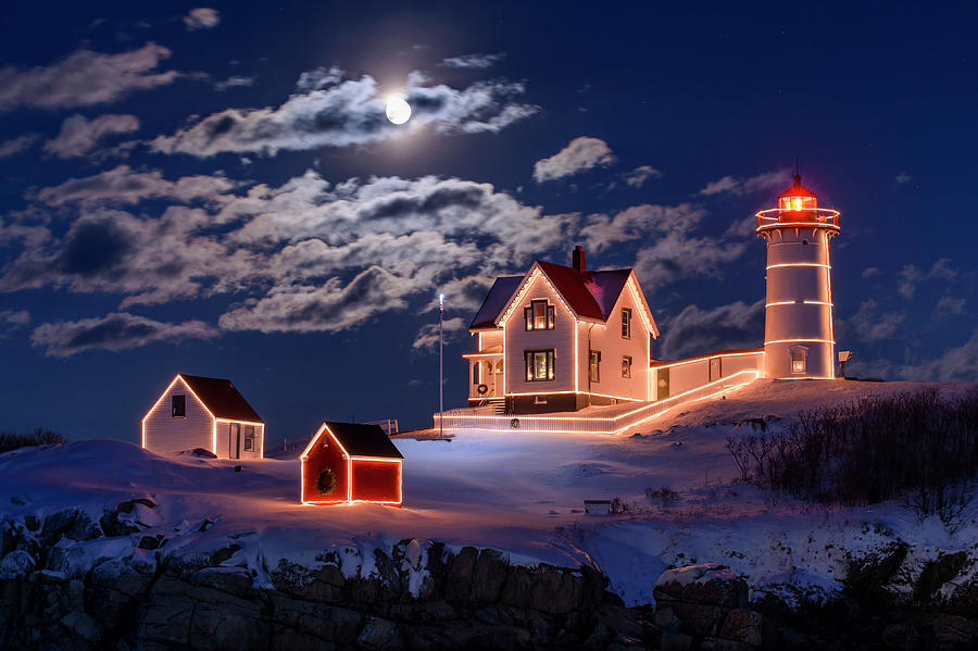 Lighthouse Photograph - Moon Over Nubble by Michael Blanchette Photography