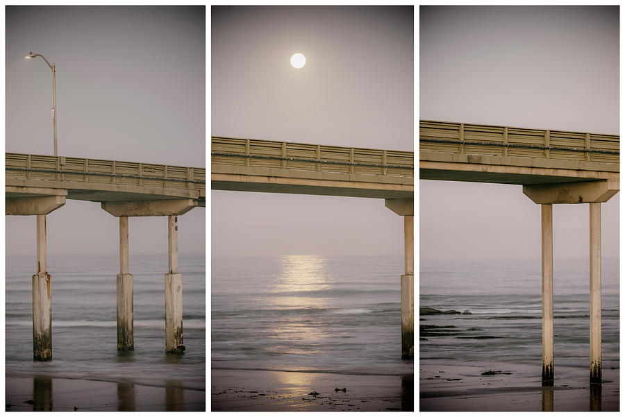 Moon Over Ocean Beach Pier Triptych Photograph by Joseph S Giacalone