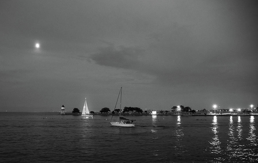 Moon Over Sailboats In Black and White Photograph by Greg and Chrystal Mimbs