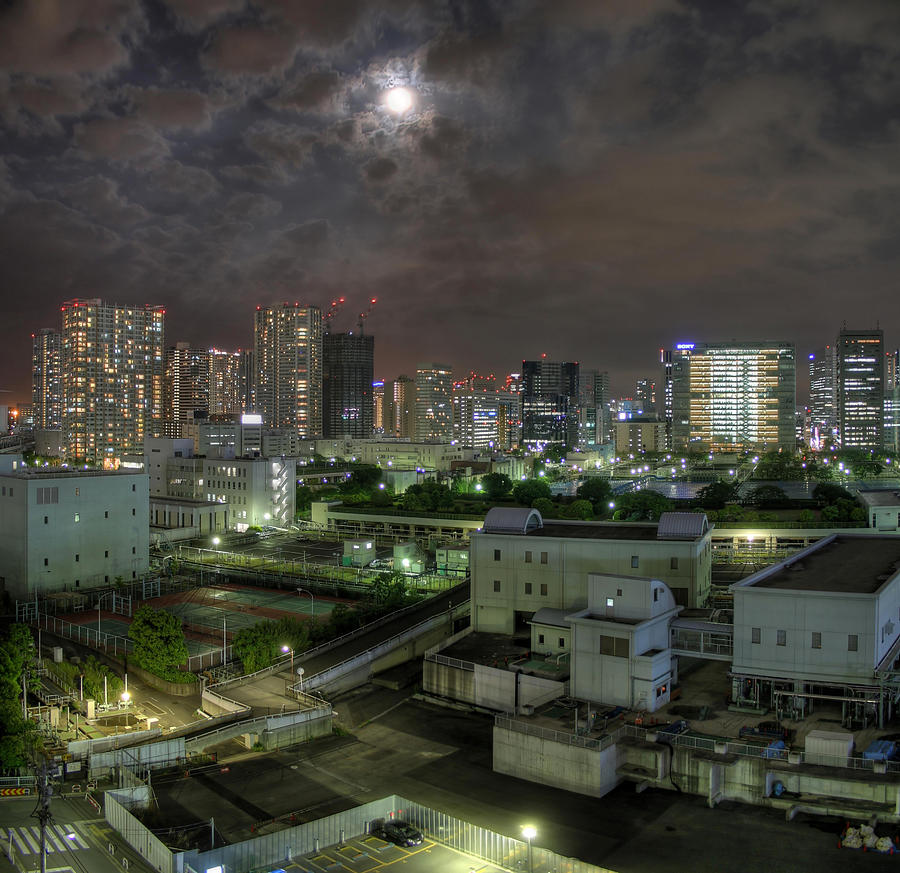 Moon Over Shinagawa Cityscape Photograph by Chris Jongkind