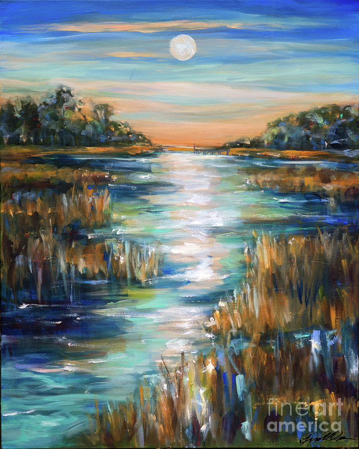 Moon Over Waterway Painting by Linda Olsen