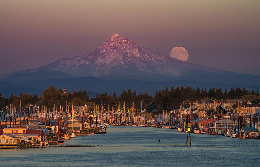 Sunset Photograph - Moon Rise Over Mountain And River by Grant Hou