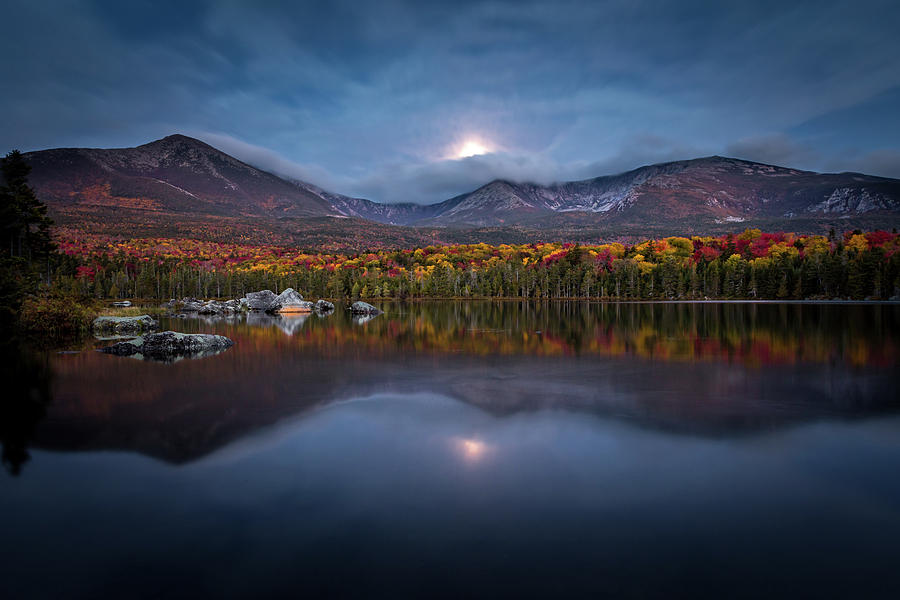 Moon Set at Sandy Stream Pond, Baxter State Park Photograph by Colin Chase