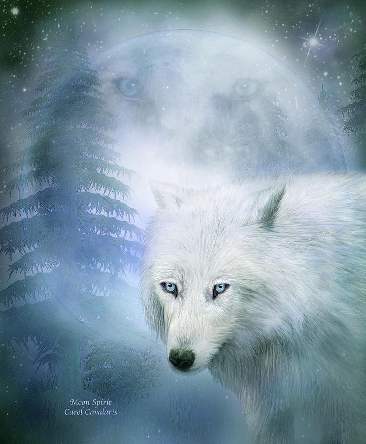 Moon Spirit 1-White Wolf - Blue  Mixed Media by Carol Cavalaris