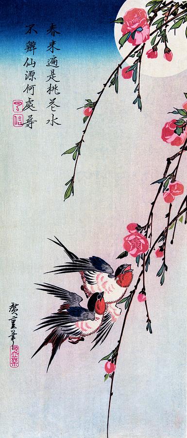 Moon, Swallows, and Peach Blossoms Painting by Utagawa Hiroshige