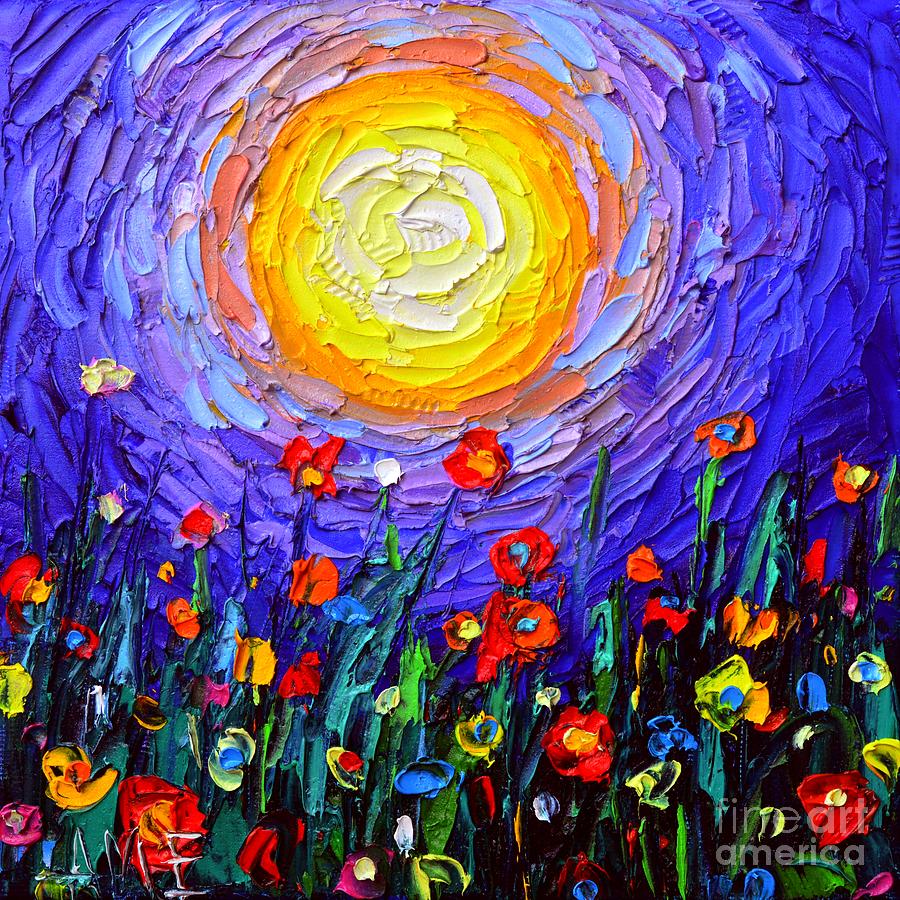 MOONLIGHT MEADOW abstract moon and wildflowers palette knife oil painting Painting by Ana Maria Edulescu