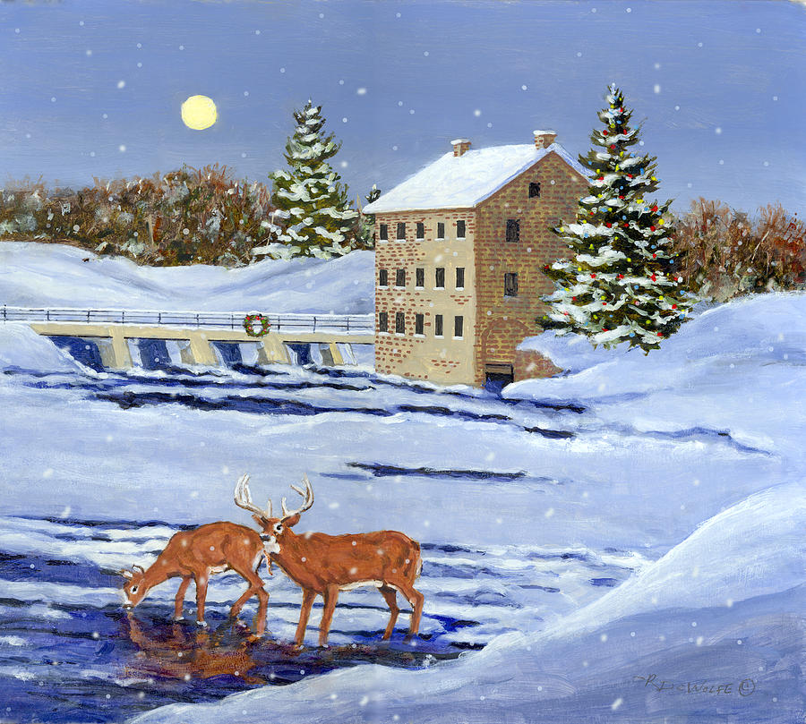 Moonlight Millpond WhiteTails Painting by Richard De Wolfe