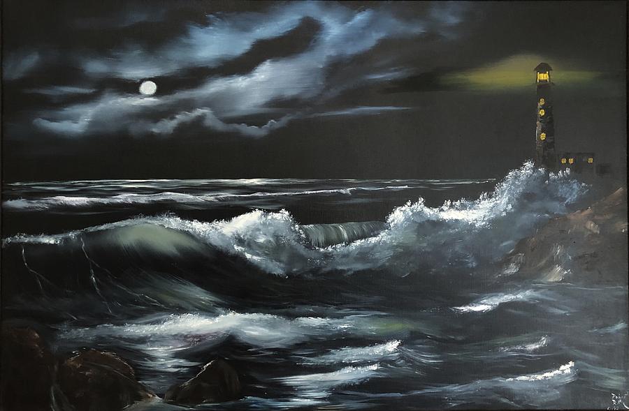 Framed Oil Painting Moon Rising Ocean Lighthouse Dunes Beach Sign