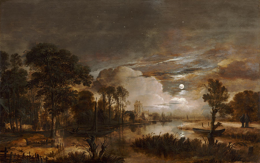 Moonlit Landscape with a View of the New Amstel River and Castle Kostverloren, 1647 Painting by Aert Van Der Neer