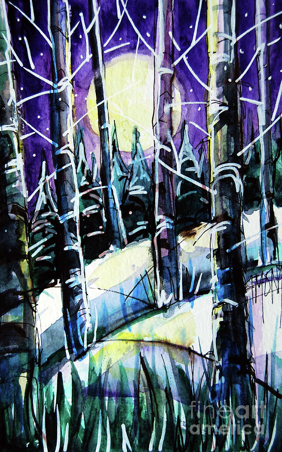 MOONLIT MAGIC - - Winterscape Watercolor - Mona Edulesco Painting by Mona Edulesco