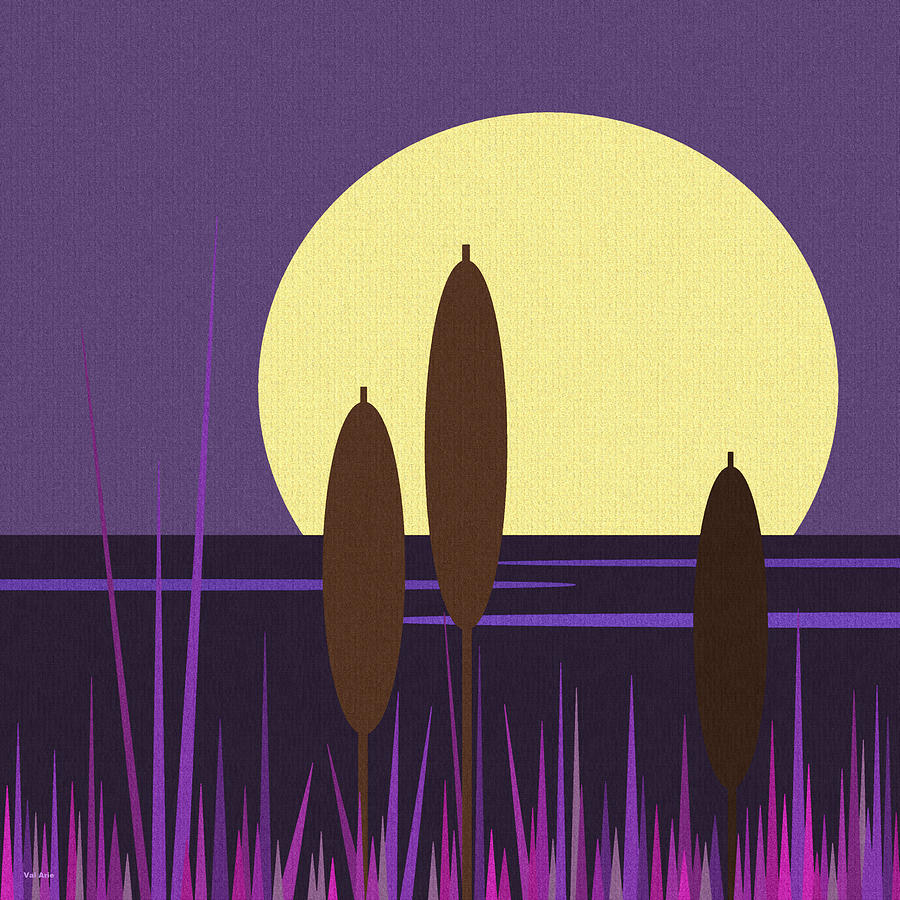 Moonlit - Purple Cattails Digital Art by Val Arie