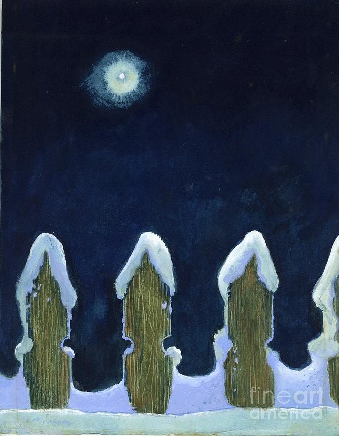 Moonlit Snowy Fence Painting by George Adamson
