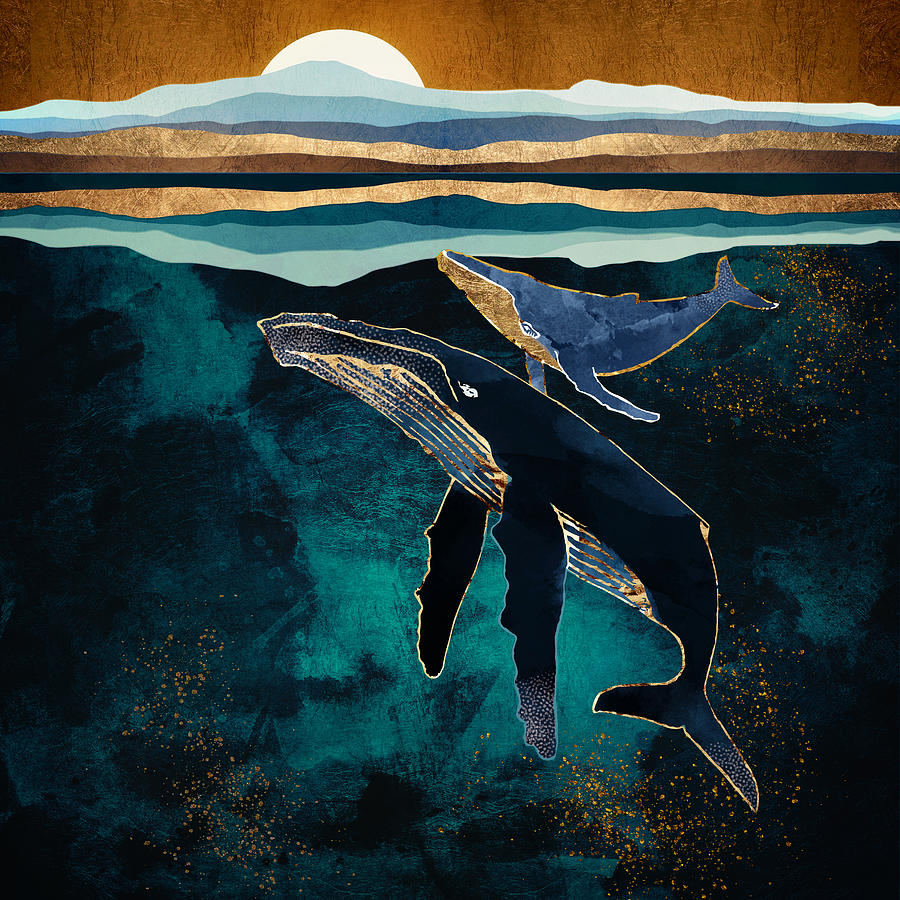 Whales Digital Art - Moonlit Whales by Spacefrog Designs
