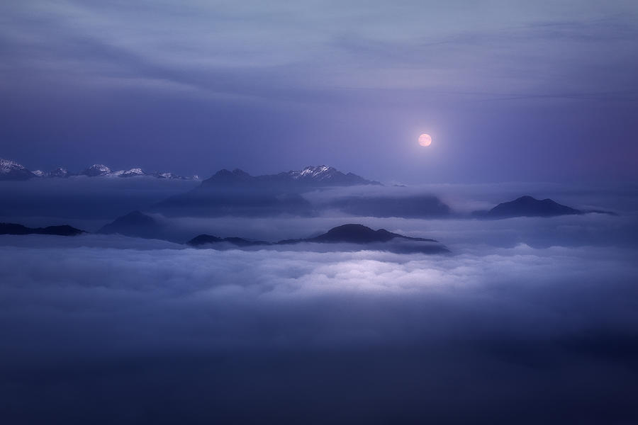 Mountain Photograph - Moonrise Above A Sea Of Fog by Filippo Manini