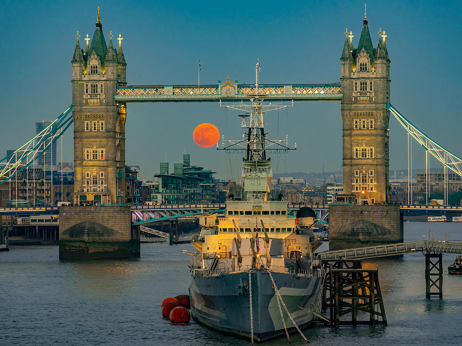 Moonrise At Tower Bridge In London, England, With Hms Belfast In The Frame. Photograph