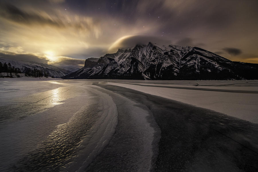 Banff National Park Photograph - Moonrise On A Frozen Lake by Kejie Bao