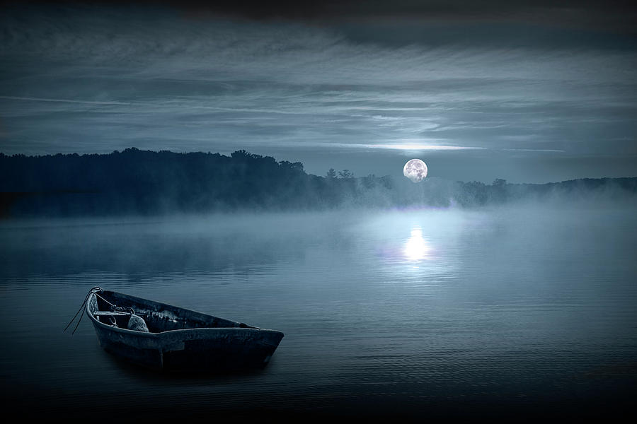 Moonrise over a Lake with Rowboat Photograph by Randall Nyhof
