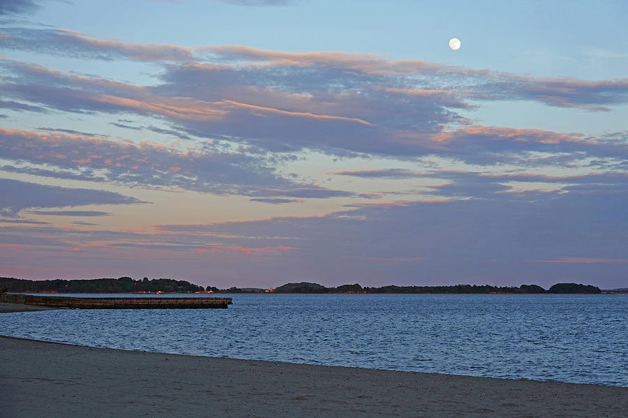 Moonrise over Carson Beach Sunset Boston MA Castle Island Red Sky Photograph by Toby McGuire
