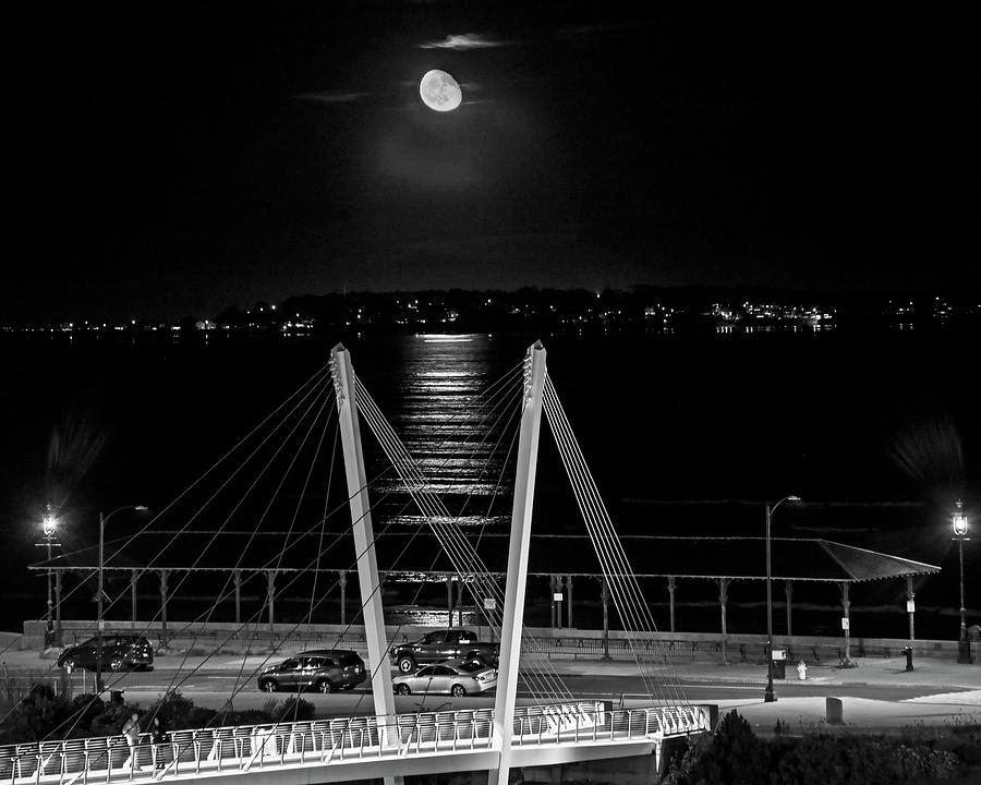 Beach Photograph - Moonrise over Revere Beach and Nahant MA Revere MA Black and White by Toby McGuire