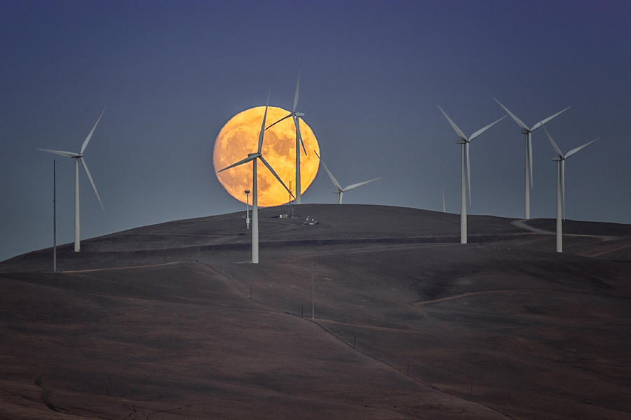 Moonrise Over Windmills Photograph by Bill Wang