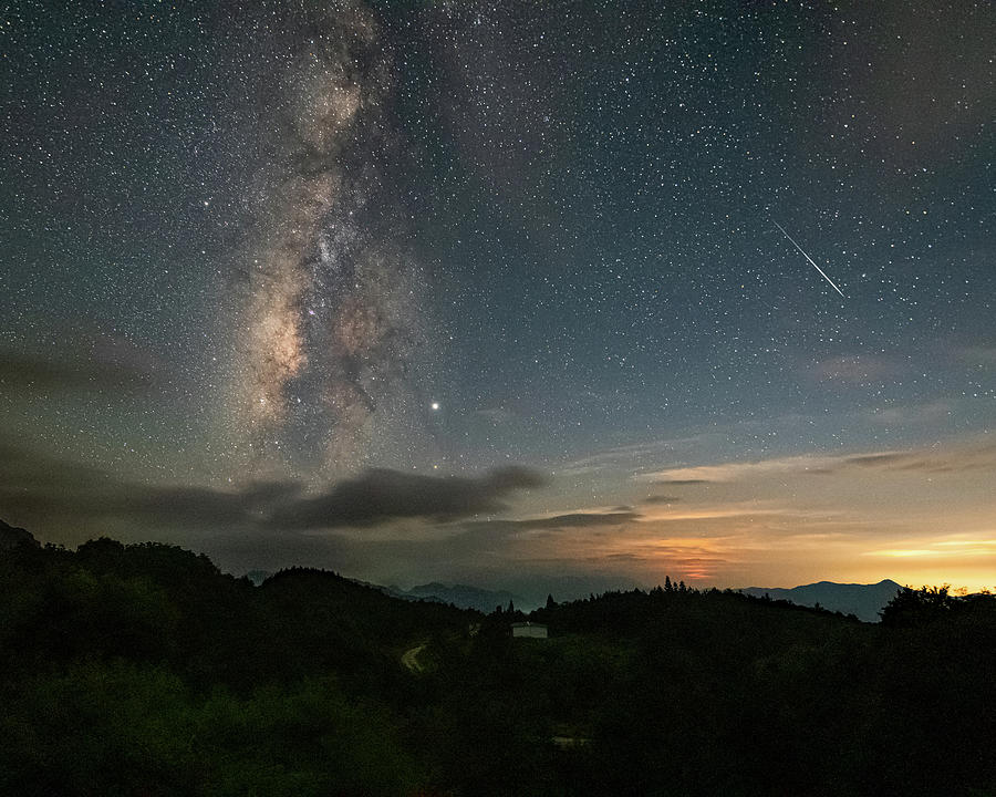 Moonset Milky way and Shooting Star Photograph by William Dickman