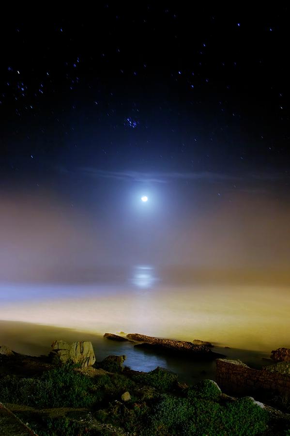 Moonset Over The Sea With Pleiades M45 Photograph by Stocktrek Images