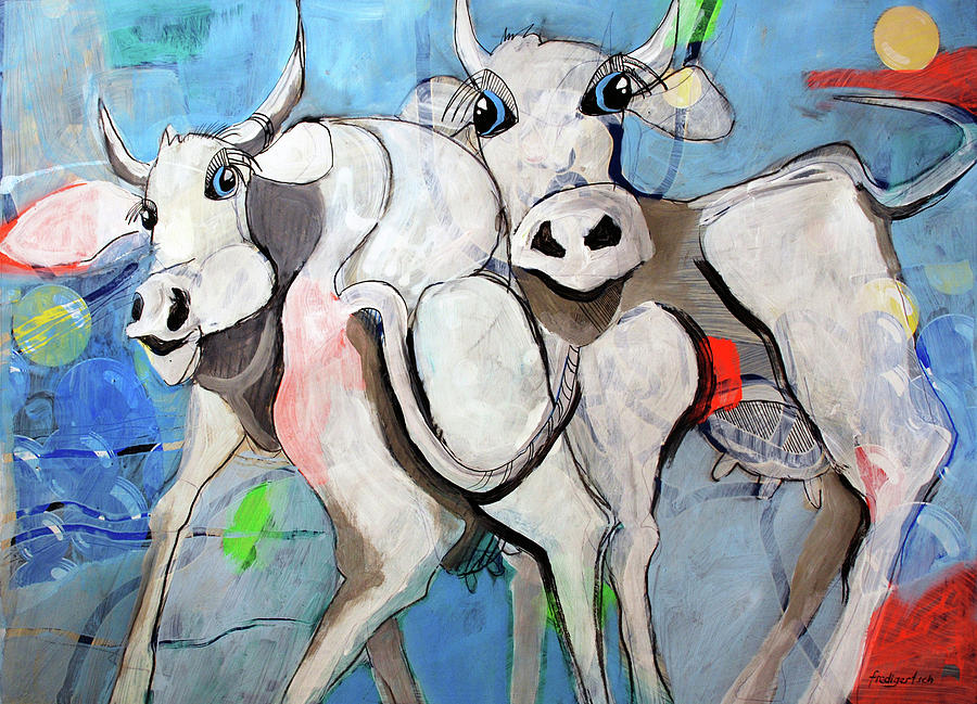 Moonshine Cows Painting by Fredi Gertsch