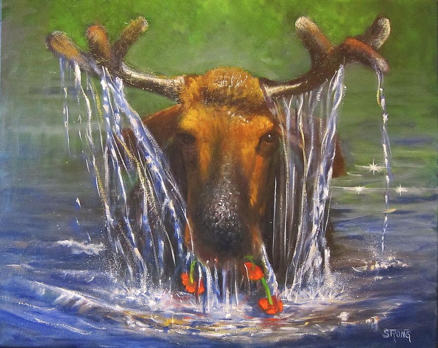 Moose Diving Painting by Sherry Strong
