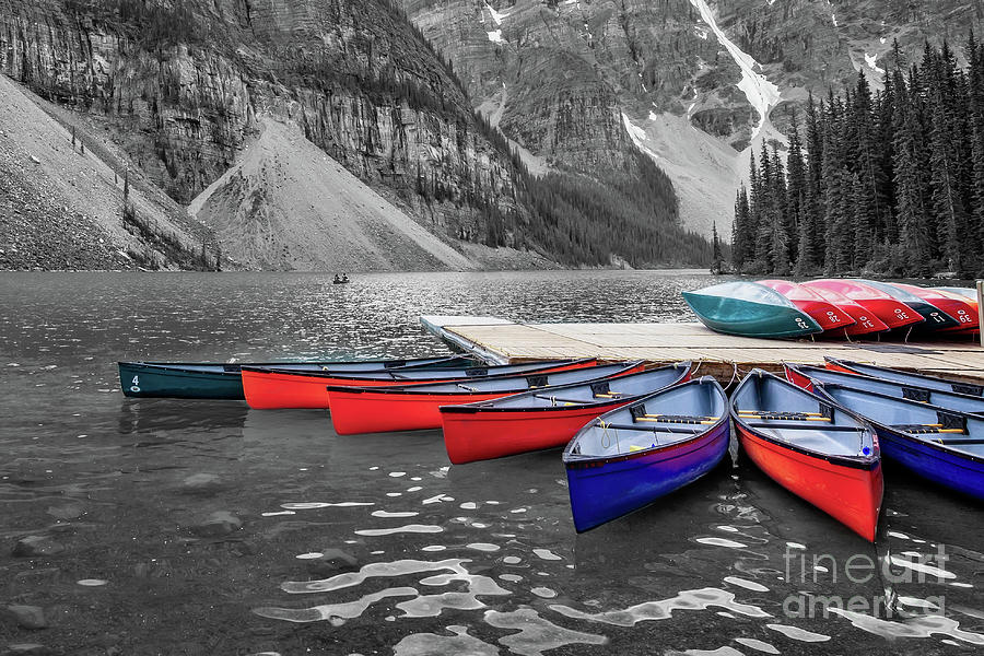 Moraine lake canoes, selective colors Photograph by Delphimages Photo Creations