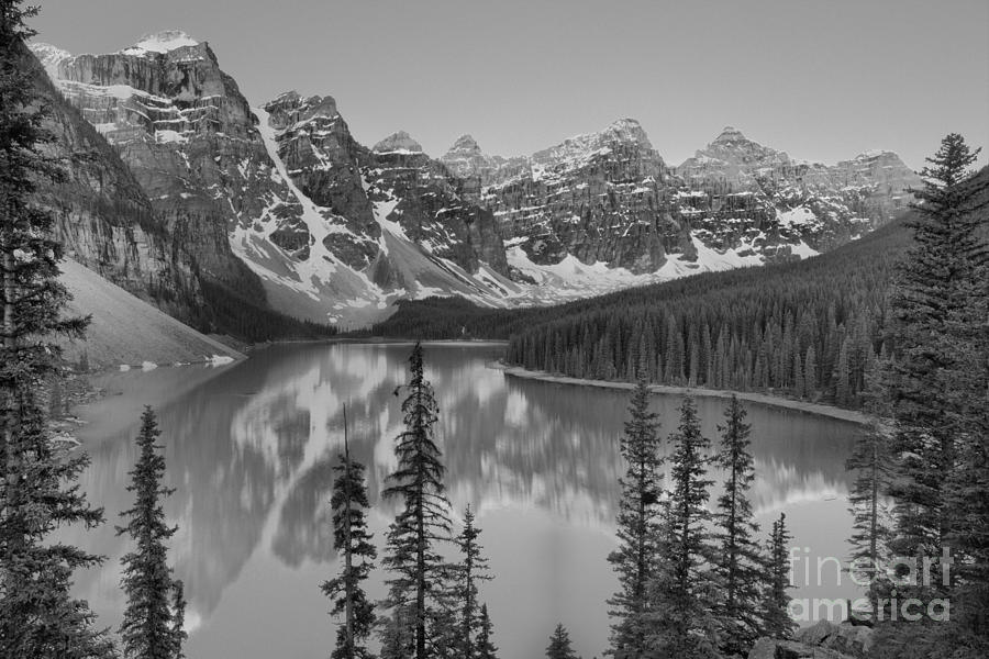 Moraine Lake Clear Spring Sunrise Black And White Photograph by Adam Jewell