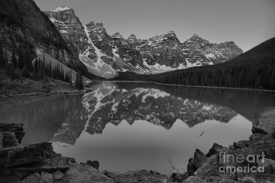 Moraine Lake Dawn Pink Peaks Black And White Photograph by Adam Jewell