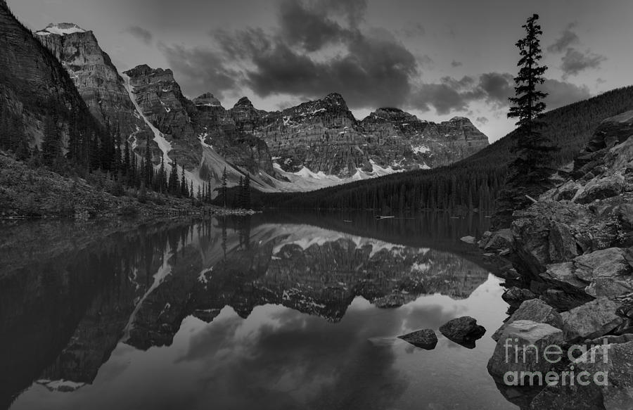 Moraine Lake Pink Cloud Sunrise Black And White Photograph by Adam Jewell