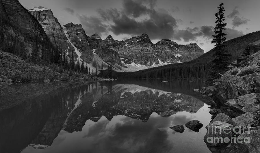 Moraine Lake Red Tip Panorama Black An White Photograph by Adam Jewell