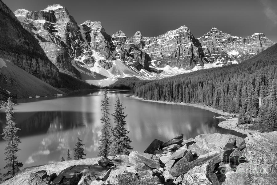 MOraine Lake Rockpile Reflections Black And White Photograph by Adam Jewell