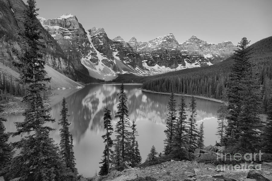 Moraine Lake Spring 2019 Sunrise Black And White Photograph by Adam Jewell