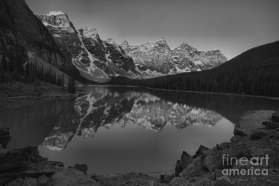 Moraine Lake Spring Sunrise Reflections Black And White Photograph by Adam Jewell