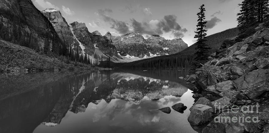Moraine Lake Summer Sunrise Spectacular Black And White Photograph by Adam Jewell