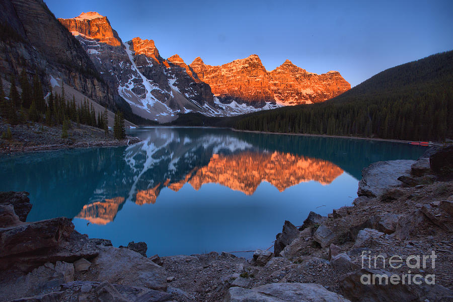 Moraine Lake Sunrise Framed By The Lakeshore Photograph by Adam Jewell